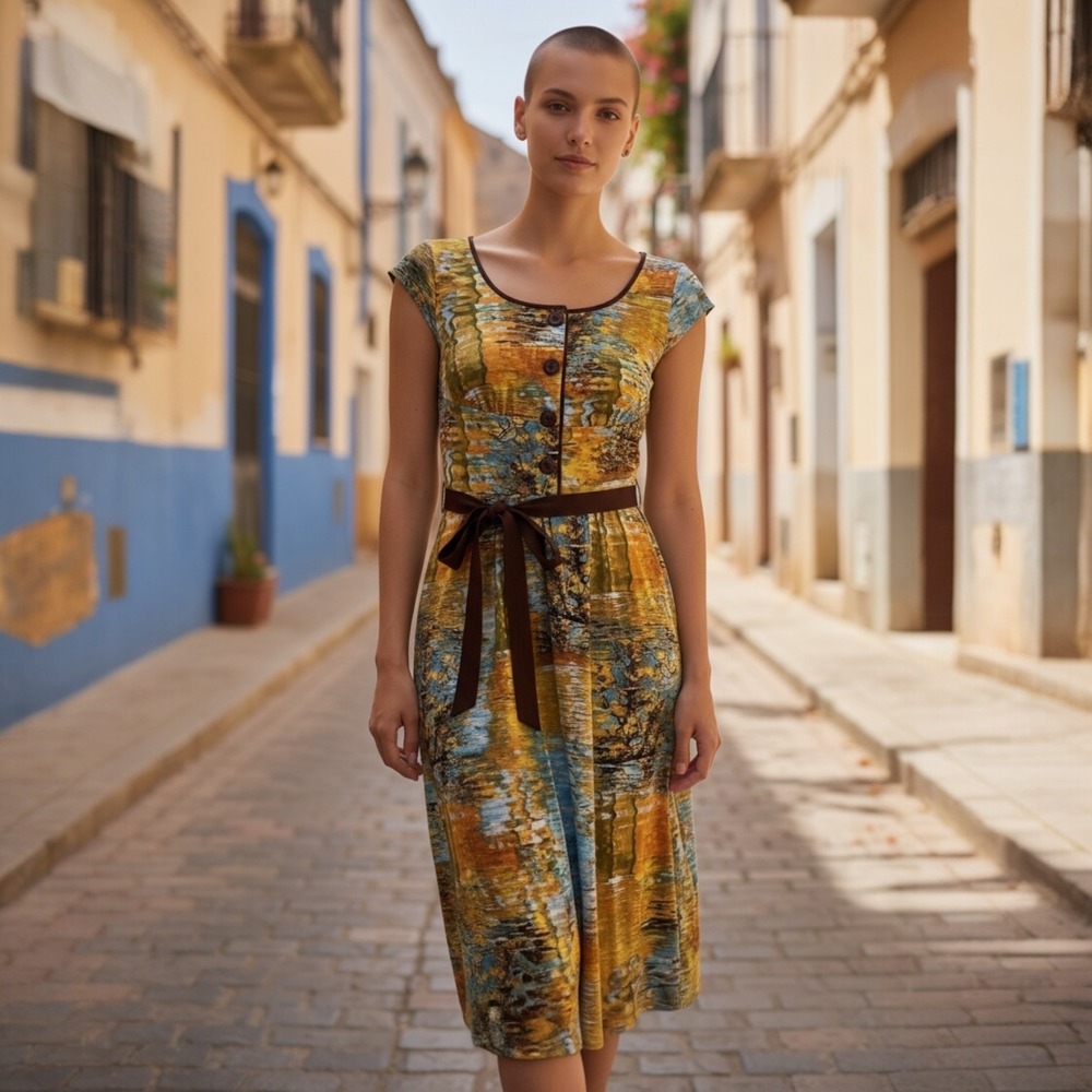 RETROLICIOUS Abstract Print Cap Sleeve‎ Midi Dress Brown Belt XS